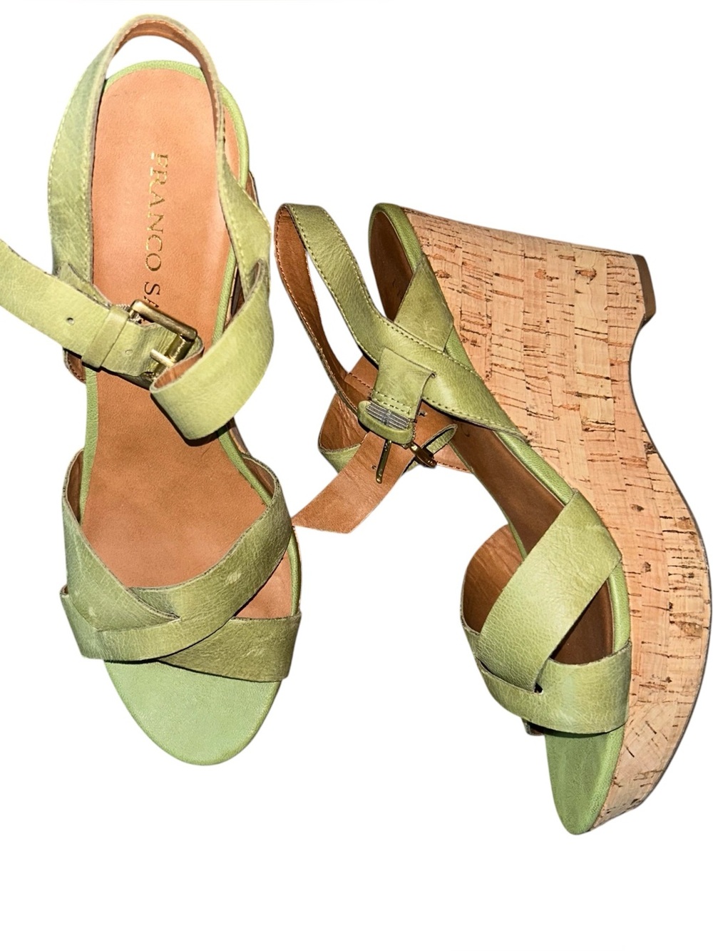 Franco Sarto Farley Green Leather Cork‎ Wedge Sandals Platform Women’s 8.5M